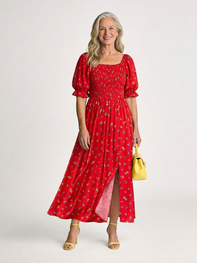 Delphine | Midi Dress with Square Neckline and Puff Sleeves