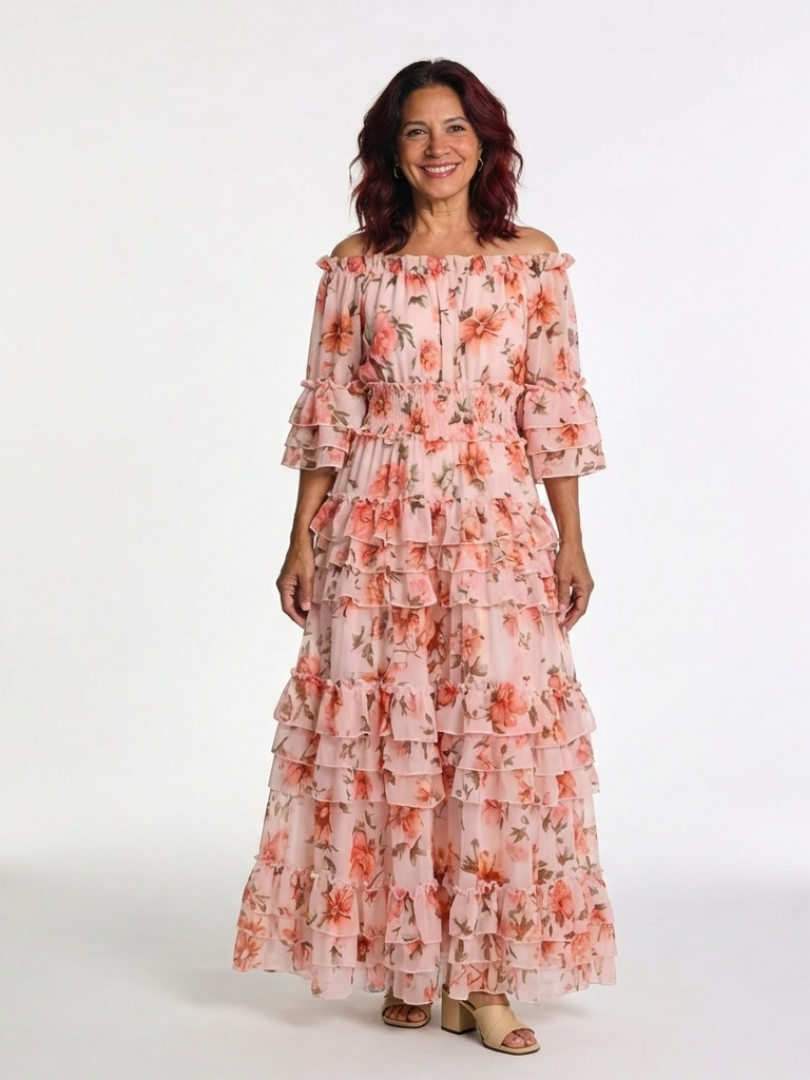 Rosalie | Maxi Sukienka z Rękawami Off Shoulder w Kwiatowy Wzór