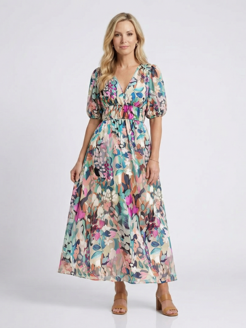 Eulalie | Midi Dress with Short Sleeves and V-Neck