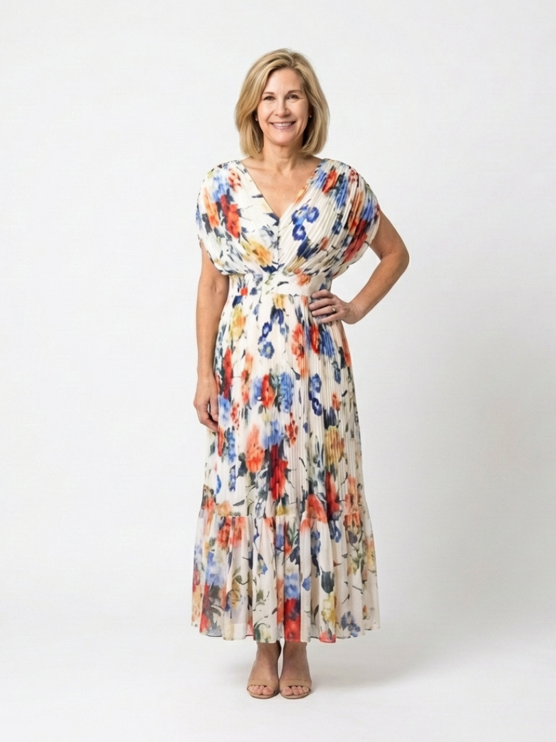 Savannah | Midi Dress with Short Sleeves and Floral Pleats
