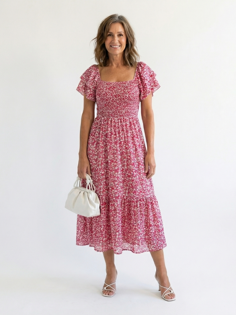 Odette | Midi Dress with Floral Pattern and Off-the-Shoulder Design