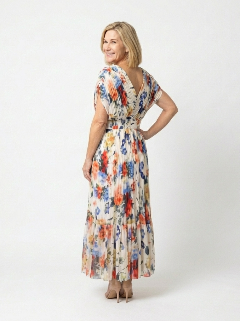 Savannah | Midi Dress with Short Sleeves and Floral Pleats