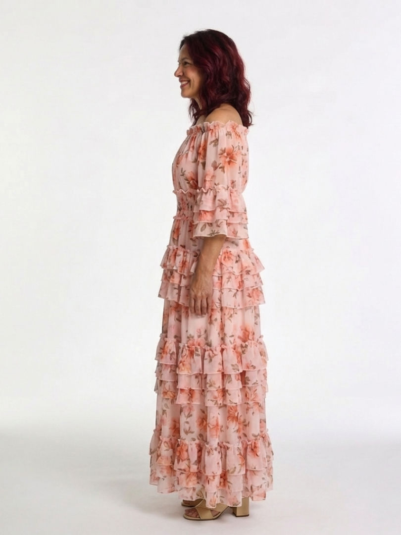 Rosalie | Maxi Sukienka z Rękawami Off Shoulder w Kwiatowy Wzór