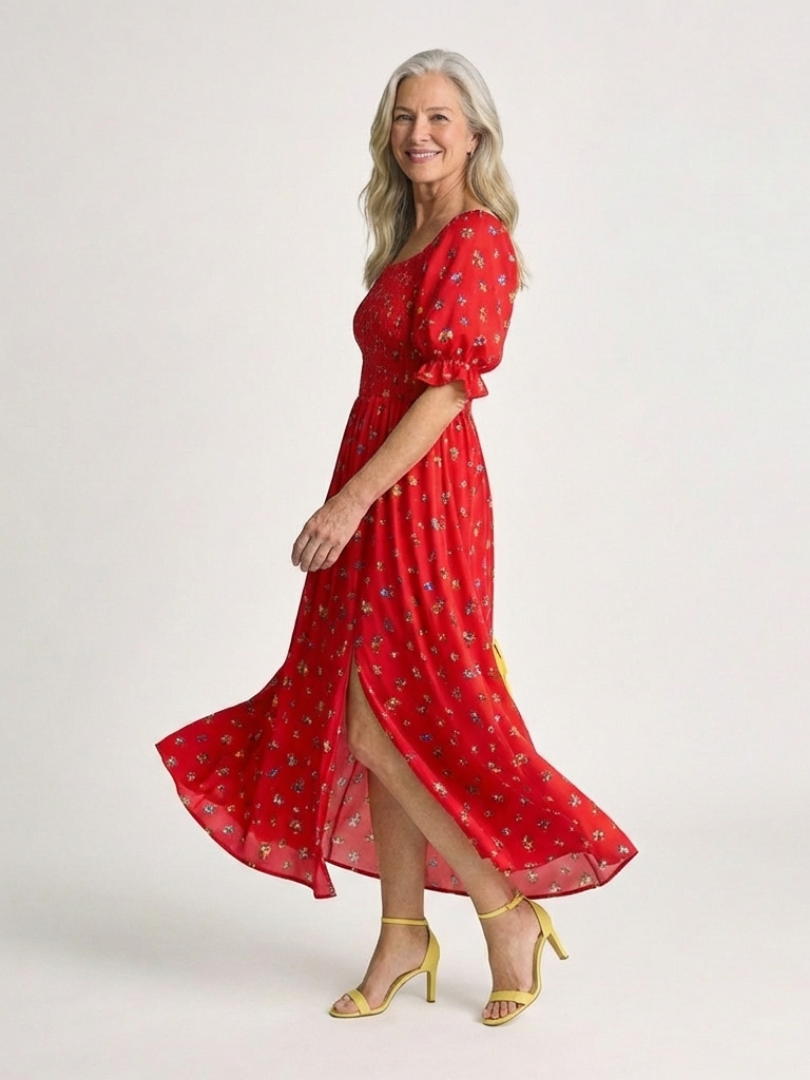 Delphine | Midi Dress with Square Neckline and Puff Sleeves