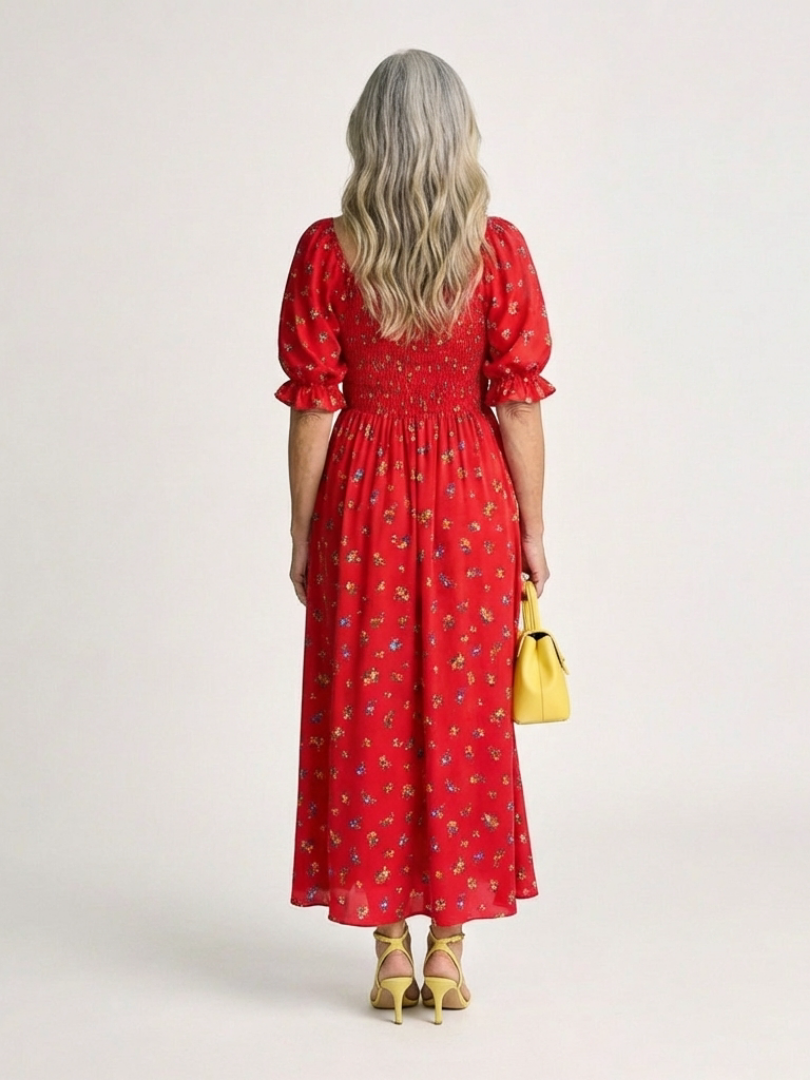 Delphine | Midi Dress with Square Neckline and Puff Sleeves