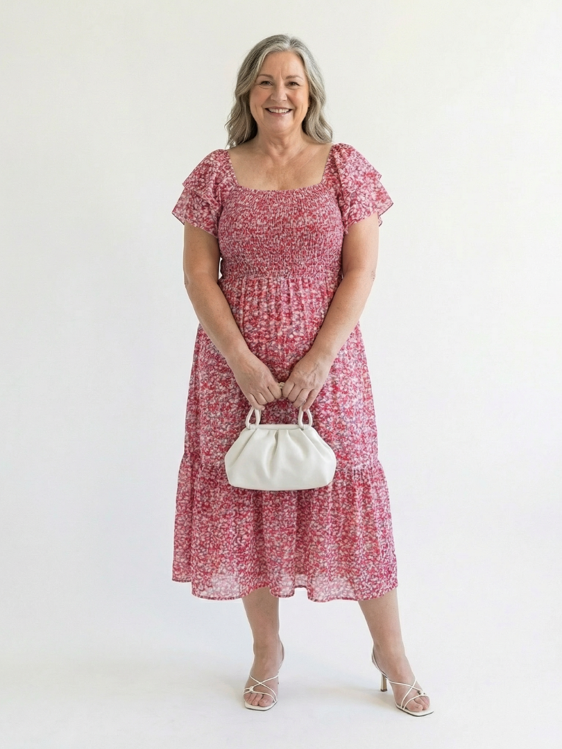 Odette | Midi Dress with Floral Pattern and Off-the-Shoulder Design