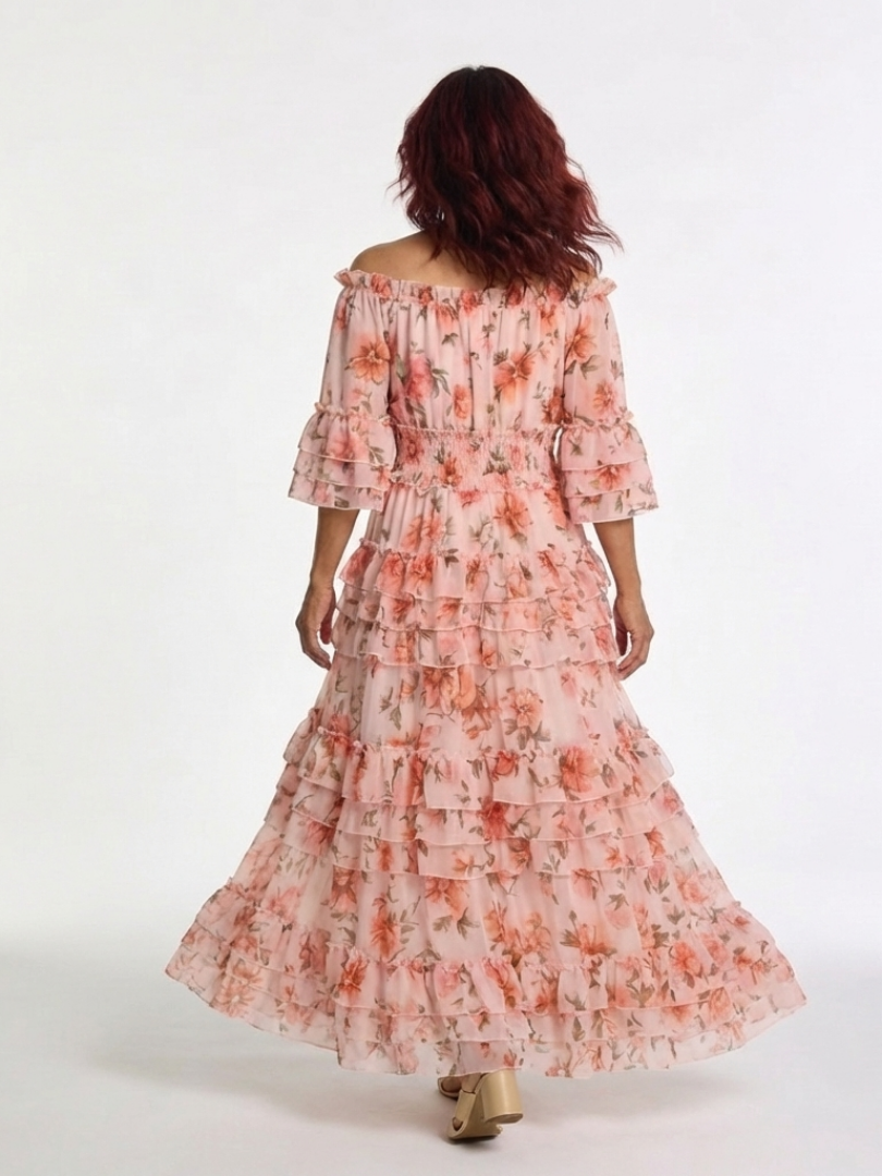 Rosalie | Maxi Sukienka z Rękawami Off Shoulder w Kwiatowy Wzór