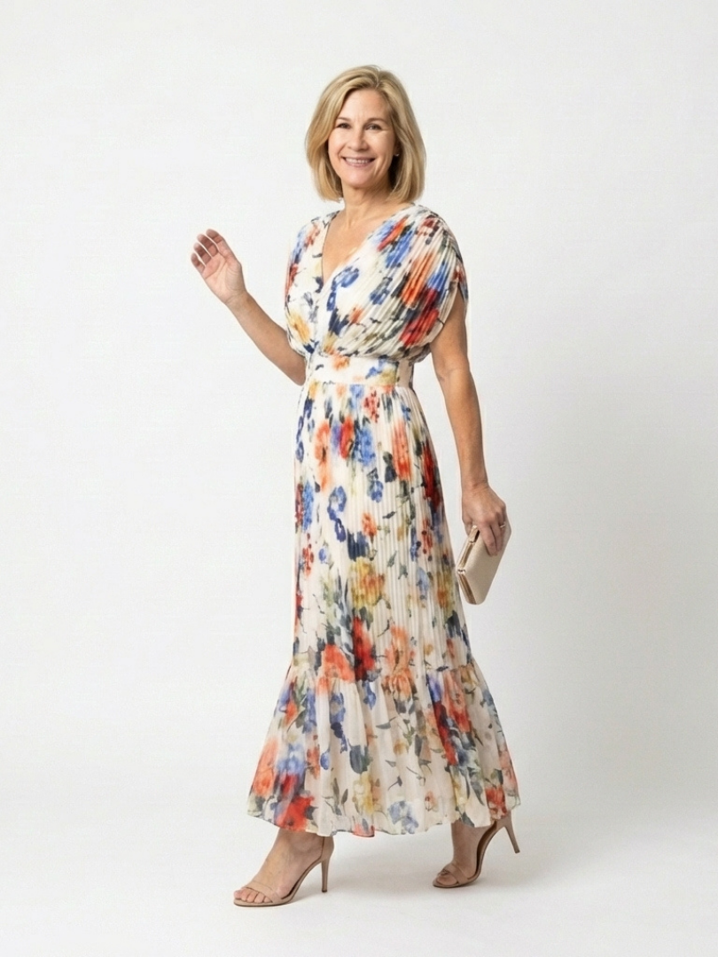 Savannah | Midi Dress with Short Sleeves and Floral Pleats
