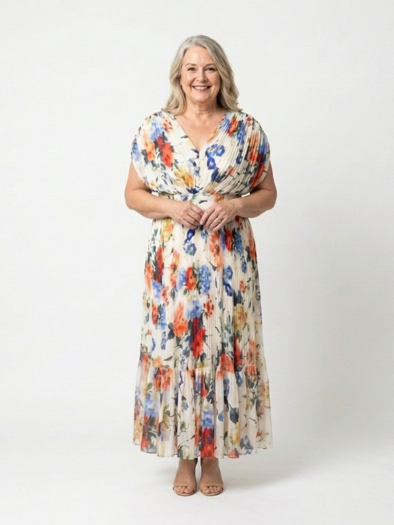 Savannah | Midi Dress with Short Sleeves and Floral Pleats