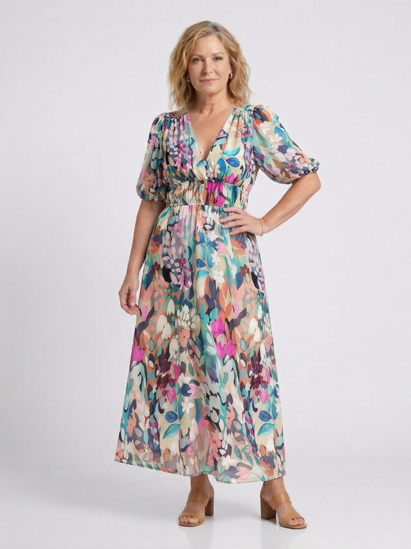 Eulalie | Midi Dress with Short Sleeves and V-Neck