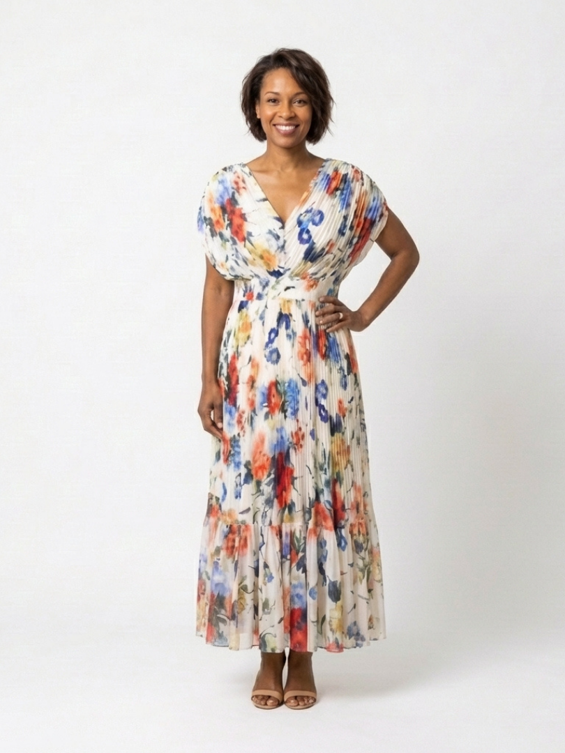 Savannah | Midi Dress with Short Sleeves and Floral Pleats