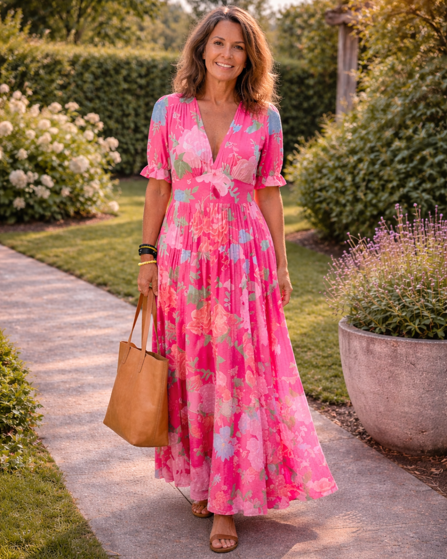 Ione | Midi Dress with Short Sleeves and V-Neck in Floral Print