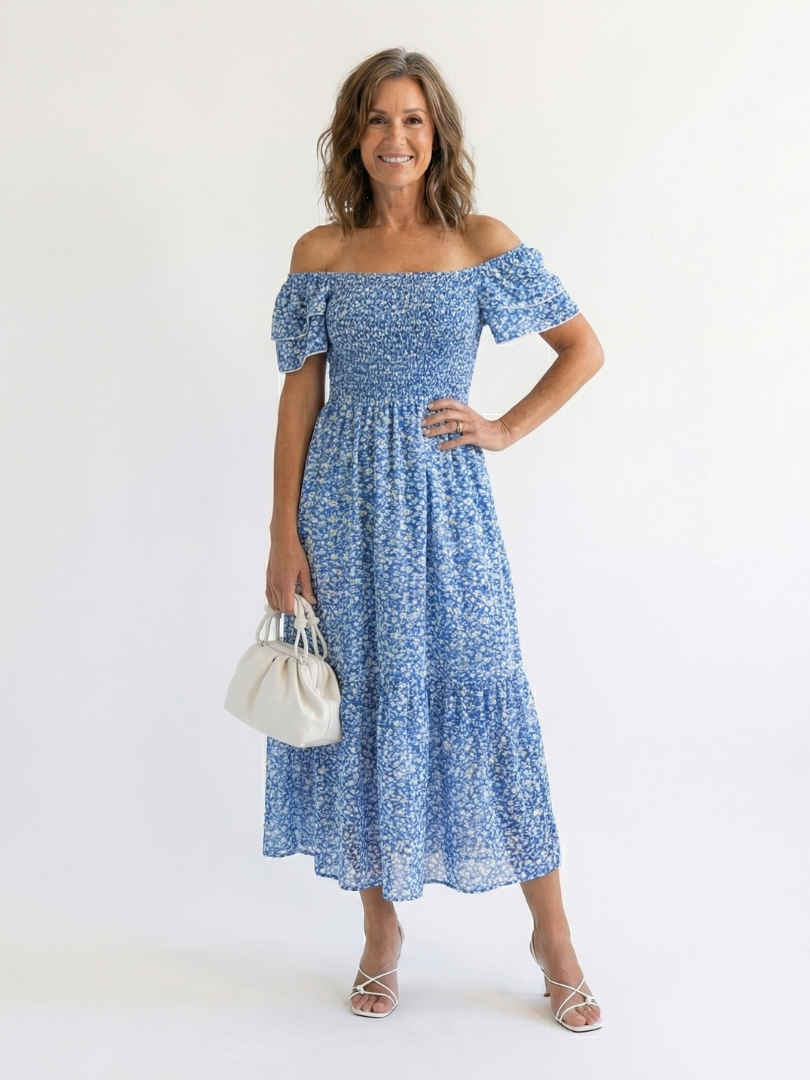 Odette | Midi Dress with Floral Pattern and Off-the-Shoulder Design
