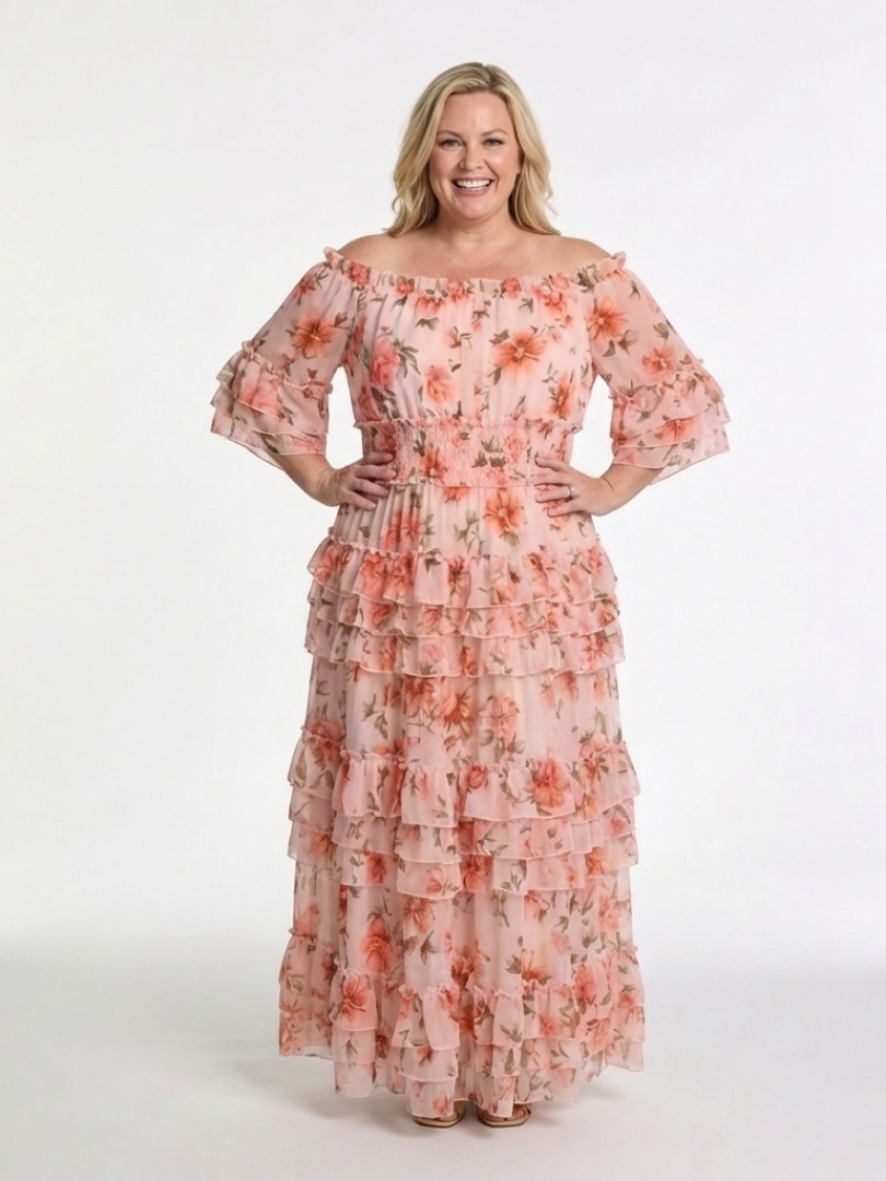 Rosalie | Maxi Sukienka z Rękawami Off Shoulder w Kwiatowy Wzór