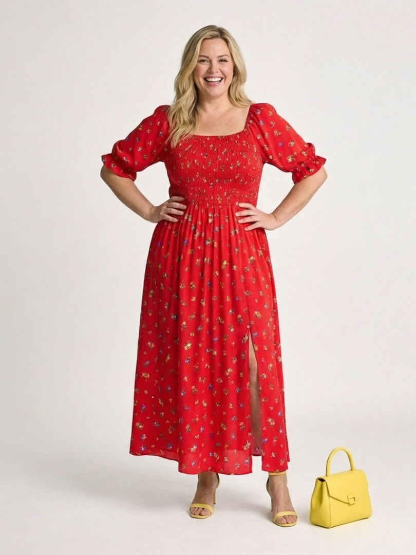 Delphine | Midi Dress with Square Neckline and Puff Sleeves