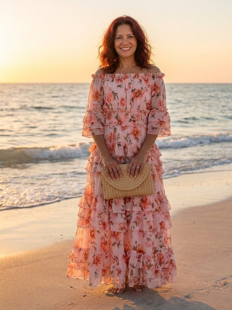 Rosalie | Maxi Sukienka z Rękawami Off Shoulder w Kwiatowy Wzór