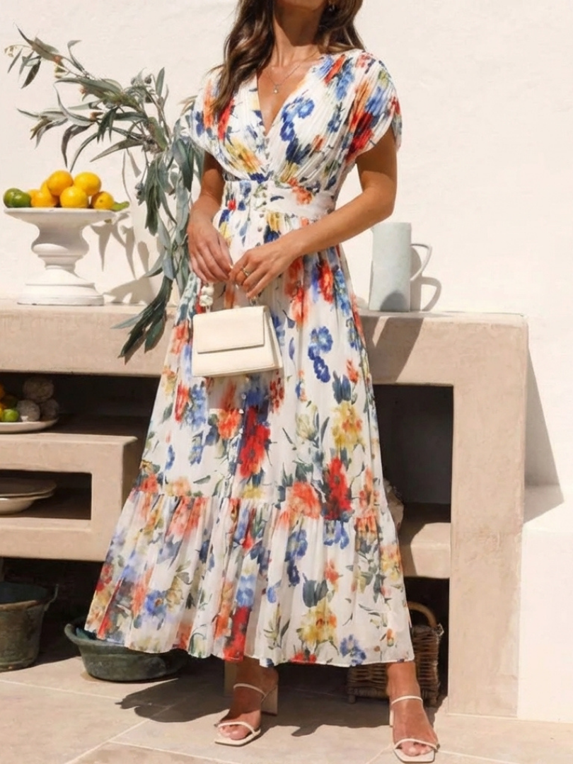 Savannah | Midi Dress with Short Sleeves and Floral Pleats