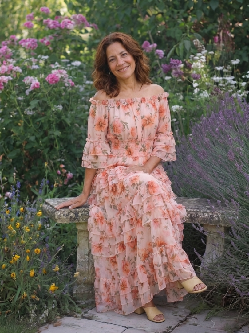 Rosalie | Maxi Sukienka z Rękawami Off Shoulder w Kwiatowy Wzór