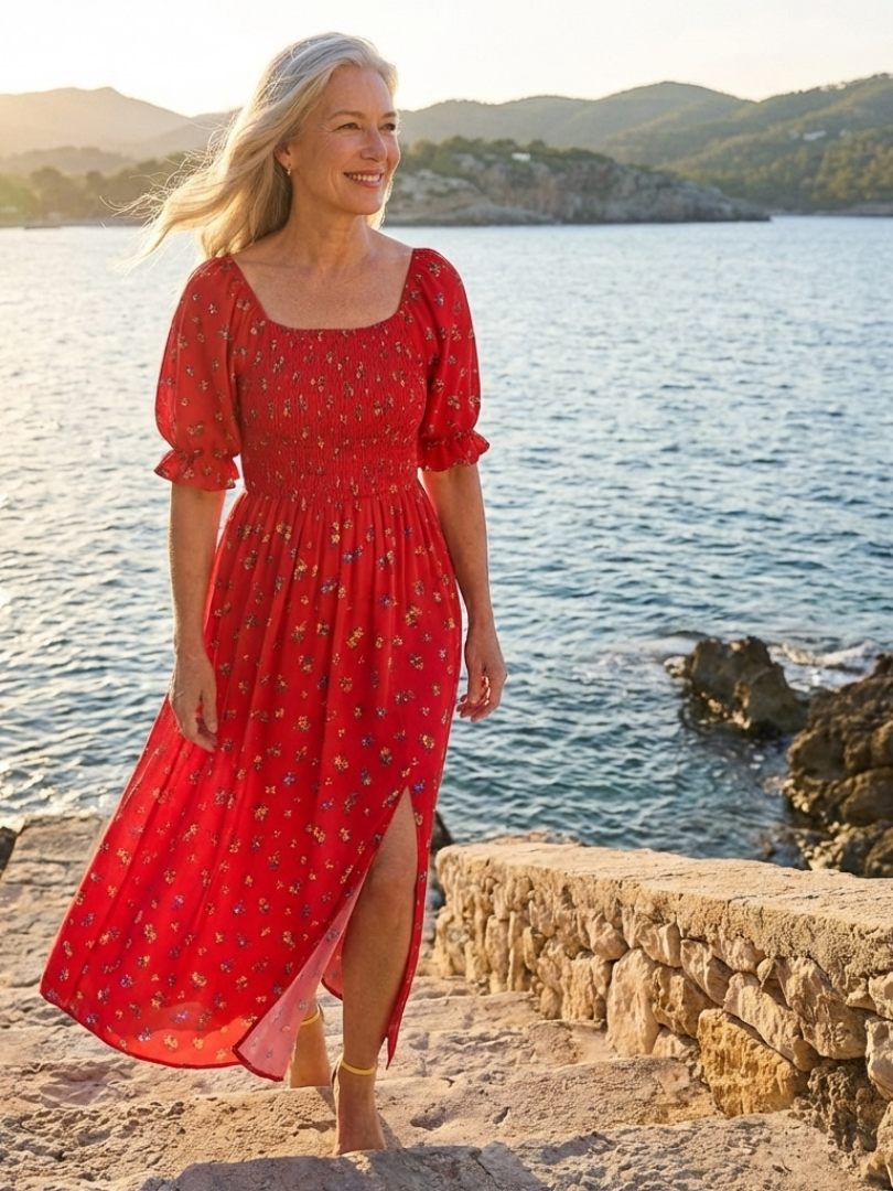 Delphine | Midi Dress with Square Neckline and Puff Sleeves