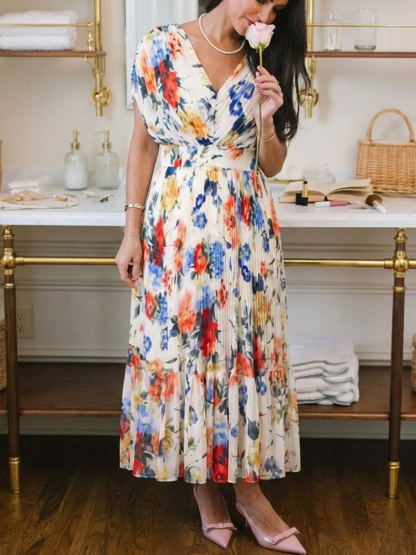 Savannah | Midi Dress with Short Sleeves and Floral Pleats