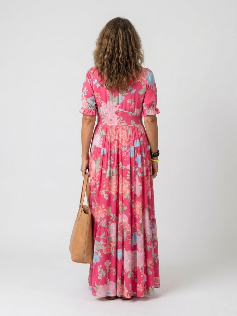 Ione | Midi Dress with Short Sleeves and V-Neck in Floral Print