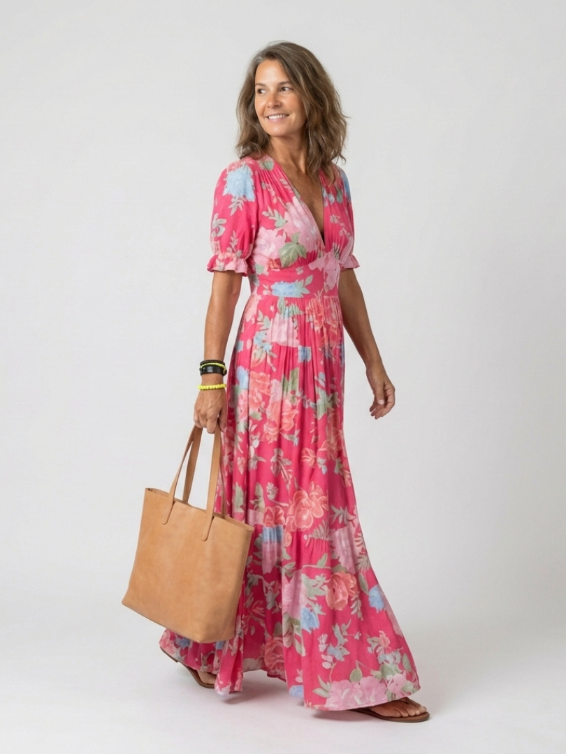 Ione | Midi Dress with Short Sleeves and V-Neck in Floral Print