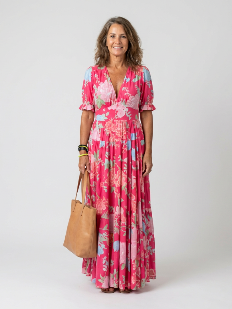 Ione | Midi Dress with Short Sleeves and V-Neck in Floral Print
