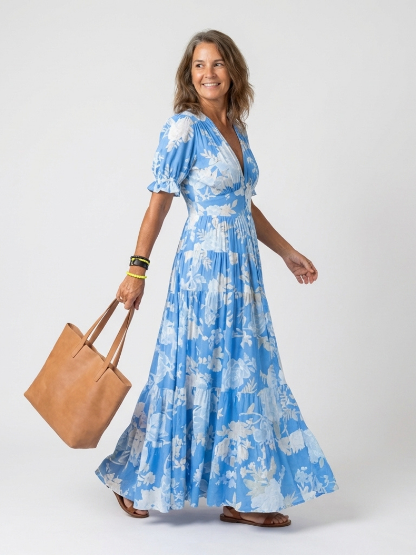 Ione | Midi Dress with Short Sleeves and V-Neck in Floral Print