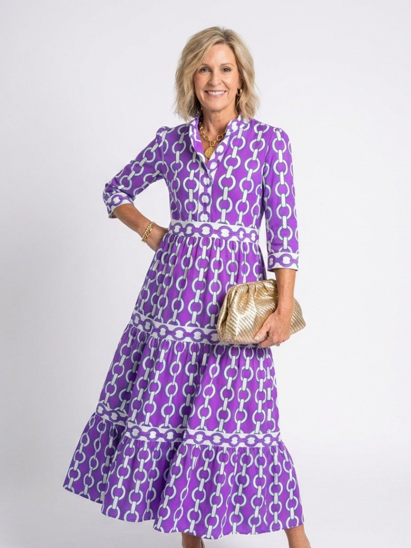 Ysolde | Midi Dress with Three-Quarter Sleeves in Chain Pattern