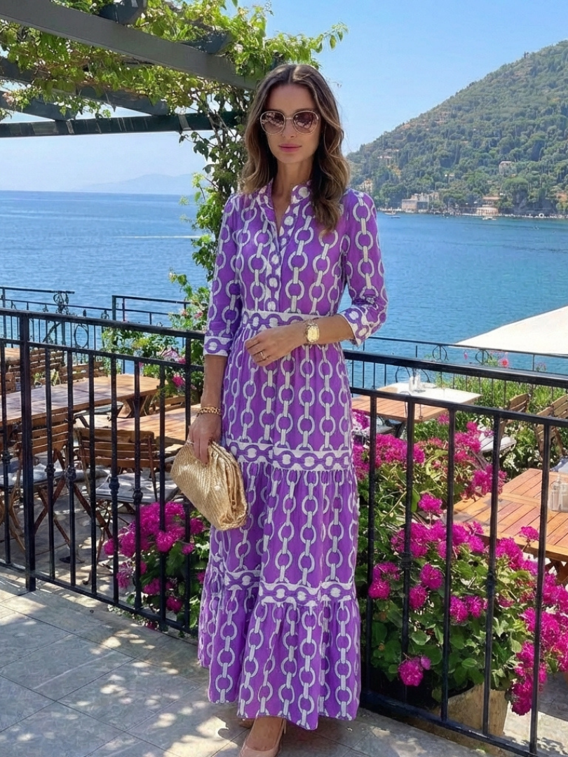 Ysolde | Midi Dress with Three-Quarter Sleeves in Chain Pattern