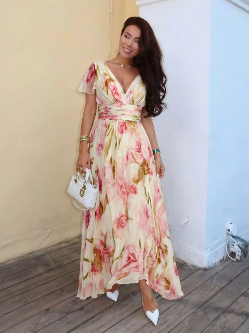 Urszula™ | Sukienka Maxi w Kwiaty z Dekoltem w Serek