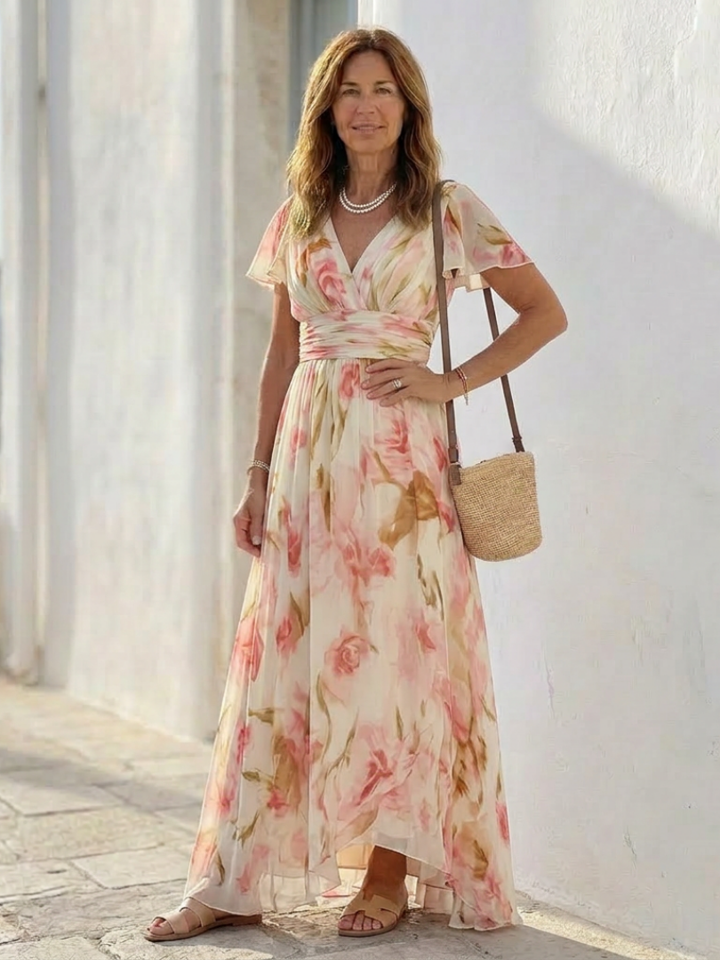 Urszula™ | Sukienka Maxi w Kwiaty z Dekoltem w Serek