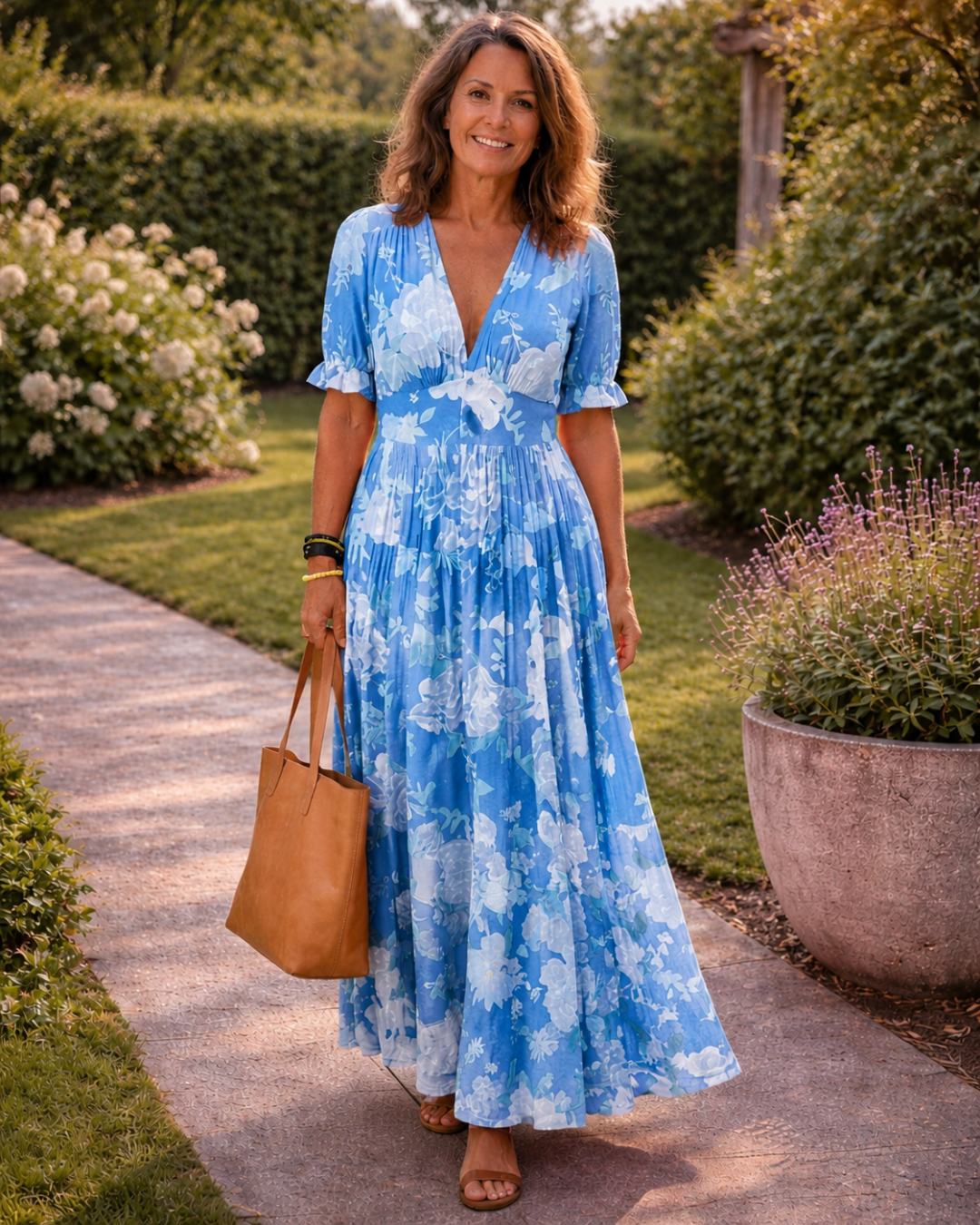 Ione | Midi Dress with Short Sleeves and V-Neck in Floral Print