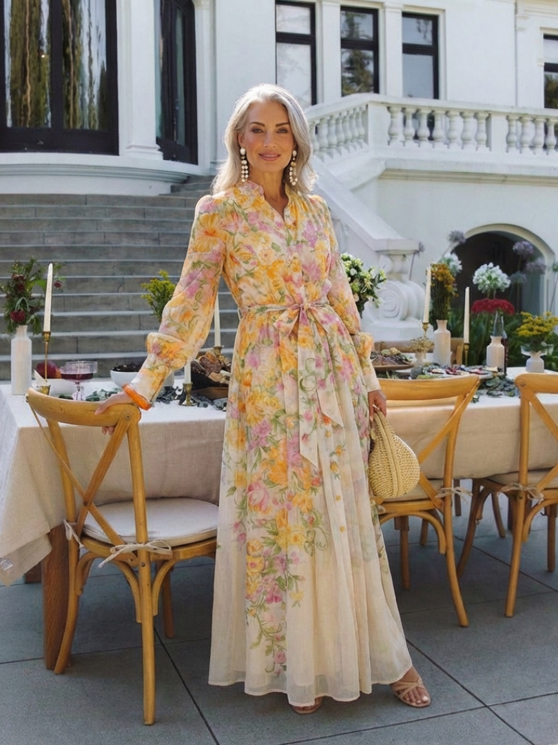 Jadwiga™ | Przezroczysta Sukienka Maxi w Kwiaty z Długimi Rękawami